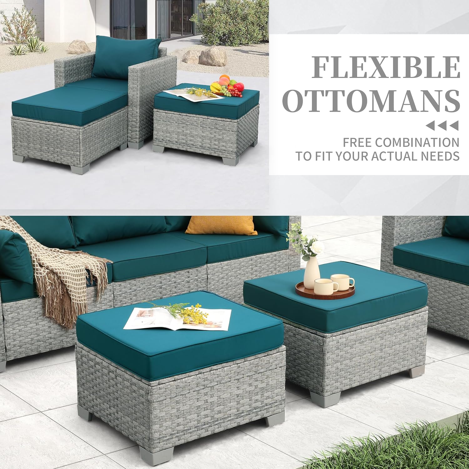 WAROOM Patio Furniture Set 6 Piece PE Rattan Outdoor Conversation Sets Grey Wicker Couch Sectional Sofa with Storage Coffee Table and Peacock Blue Cushion