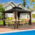 Domi 10' x 12' Outdoor Hardtop Gazebo, Upgraded Metal Gazebo with Galvanized Steel Double Roof, Heavy Duty Canopy Permanent Pavilion for Patio Lawn and Garden, Curtains and Netting Included, Brown