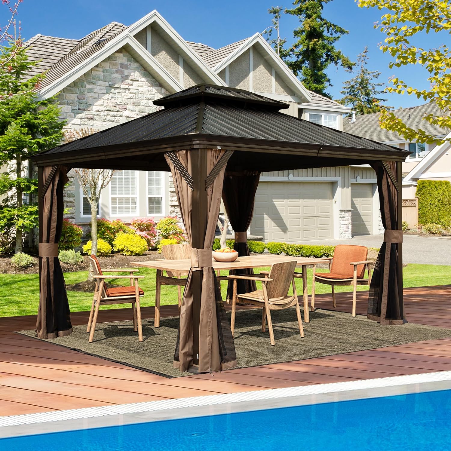 Domi 10' x 12' Outdoor Hardtop Gazebo, Upgraded Metal Gazebo with Galvanized Steel Double Roof, Heavy Duty Canopy Permanent Pavilion for Patio Lawn and Garden, Curtains and Netting Included, Brown