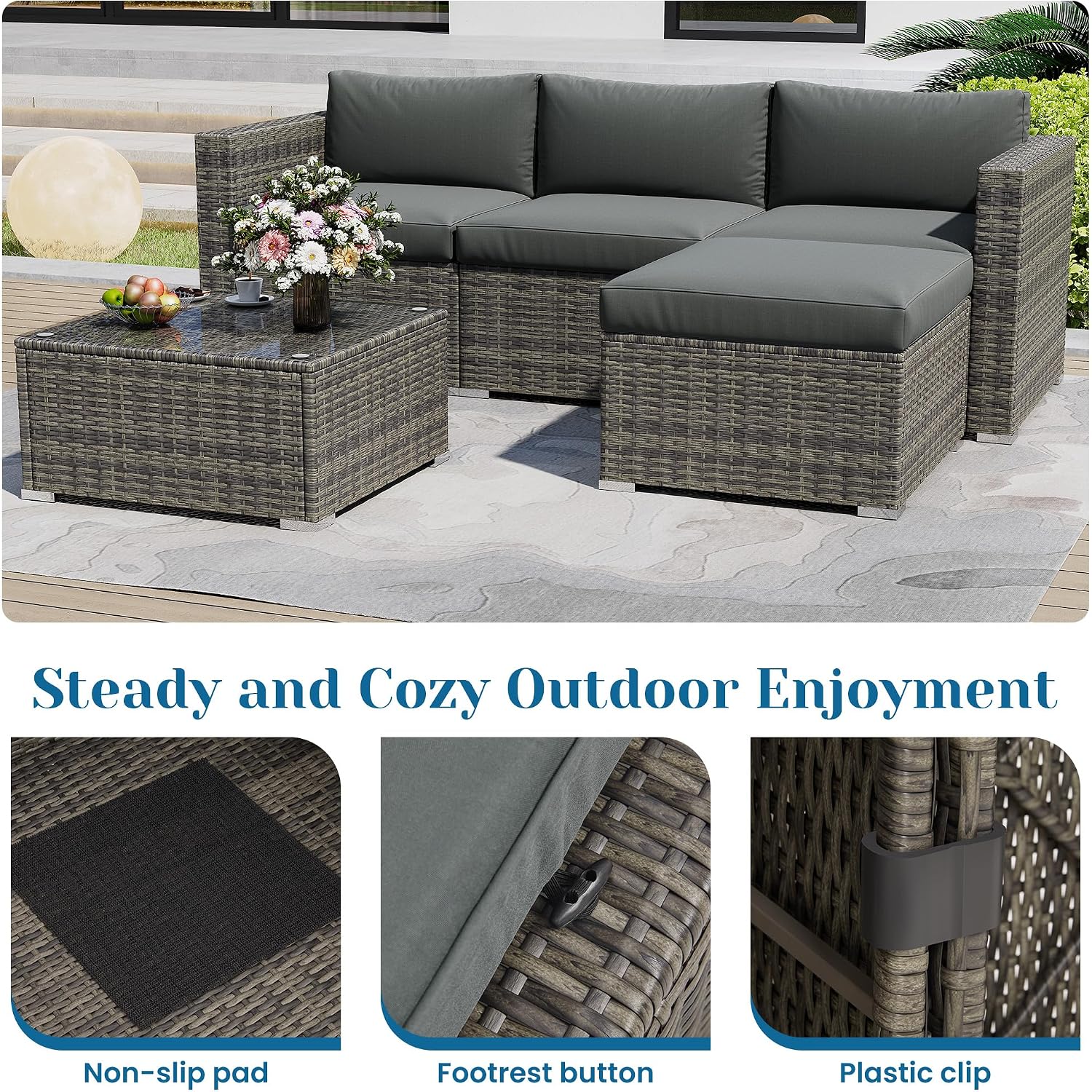 Green4ever 5-Piece Outdoor Patio Furniture Set, All-Weather Wicker Rattan Sectional Sofa with Cushions and Glass Coffee Table, Patio Conversation Set for Backyard, Porch, Garden, Balcony, Grey