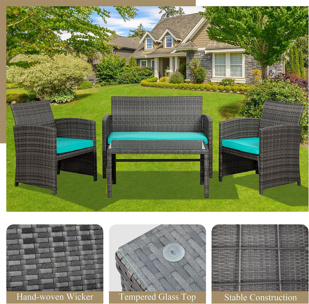 JAMFLY 4 Piece Outdoor Patio Furniture Set, Outdoor Wicker Rattan Chairs Conversation Sets with Cushions & Coffee Table for Outside, Garden, Balcony, Porch, Blue