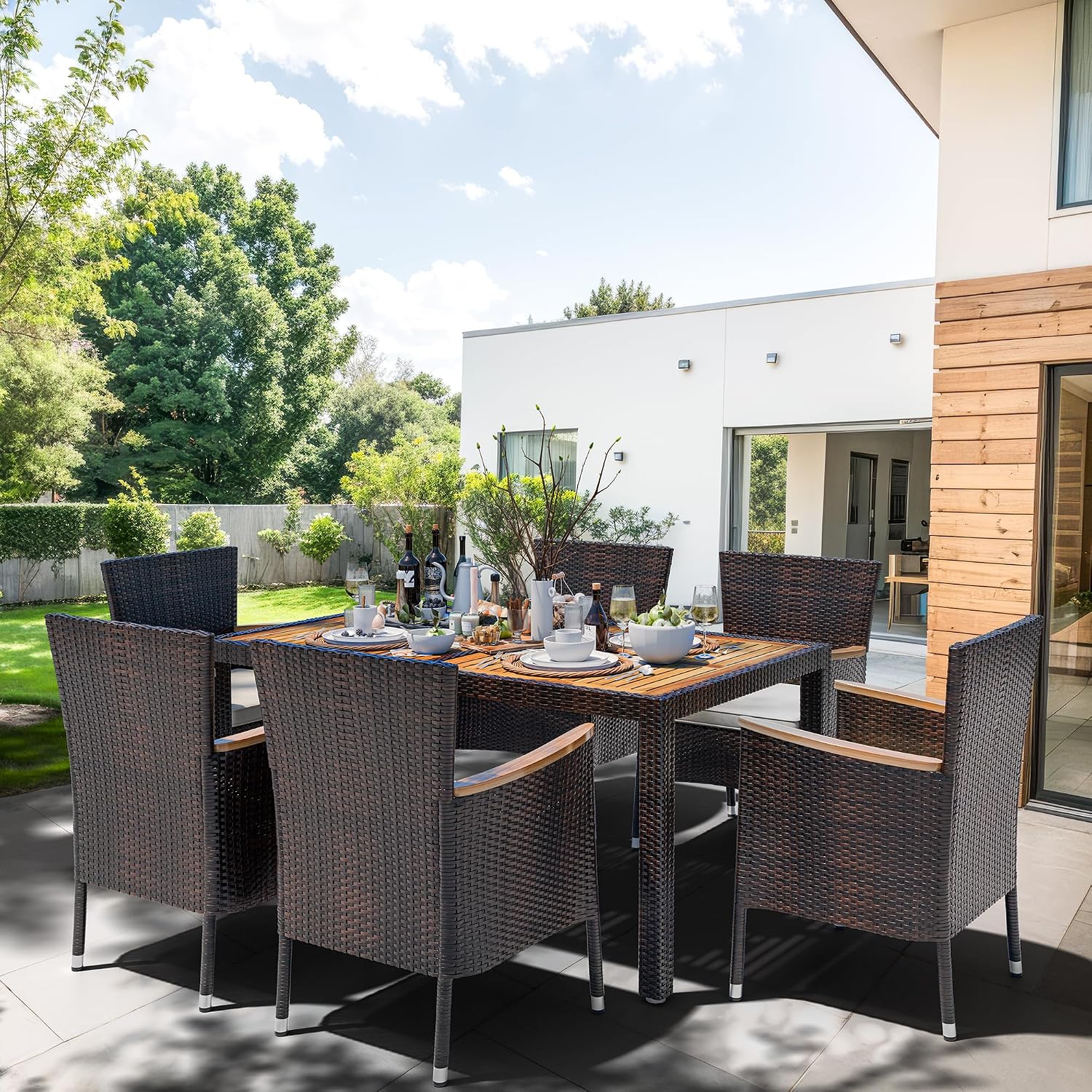 Shintenchi 7 Piece Patio Dining Set, Wicker Patio Conversation Set with Wooden Table Top, Outdoor Table and Chairs with Soft Cushions for Backyard, Deck and Garden, Brown Rattan