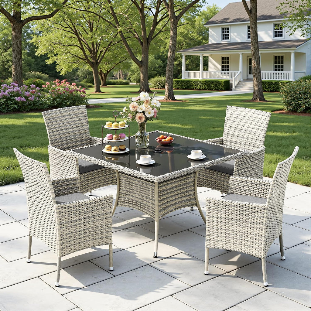 Outdoor Dining Set, 5-Piece Patio Furniture Set with Tempered Glass Table and 4 Cushioned Chairs, Dual-Strand Wicker Rattan, Balcony Furniture for Backyard, Garden, Deck,– Gray