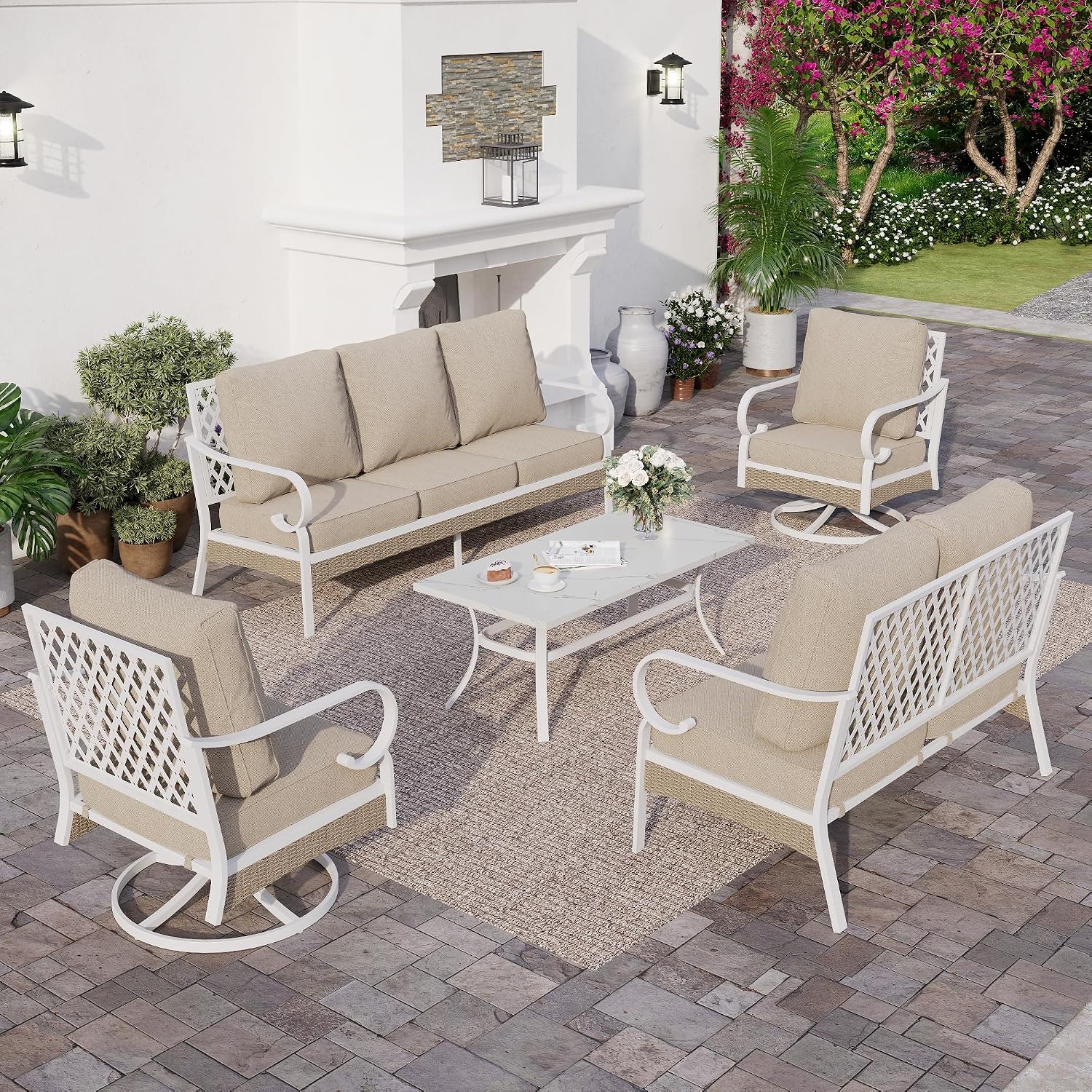 SUNSHINE VALLEY 6 Piece Metal Outdoor Patio Furniture Set, Patio Conversations Set 3-Seater Sofa, 2-Seater Sofa, 2 Swivel Chair with 5.75' Thick Cushion & Coffee Table White Backyard Furniture, Beige