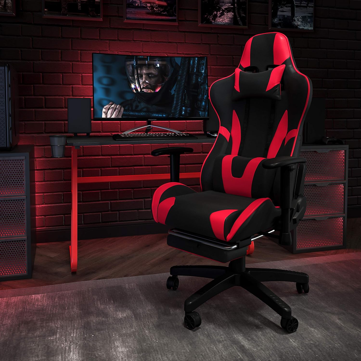 Flash Furniture Red Gaming Desk and Red/Black Footrest Reclining Gaming Chair Set with Cup Holder and Headphone Hook