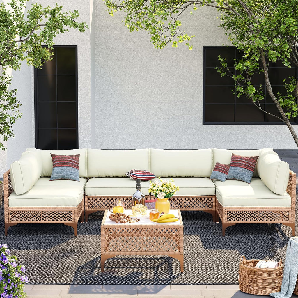 Outdoor Patio Furniture Set, Wicker Outdoor Sectional Set, Boho Patio Conversation Sectional Sofa with Large Tempered Glass Coffee Table and Waterproof Cushion (Large Size 7-Piece Patio Furniture)