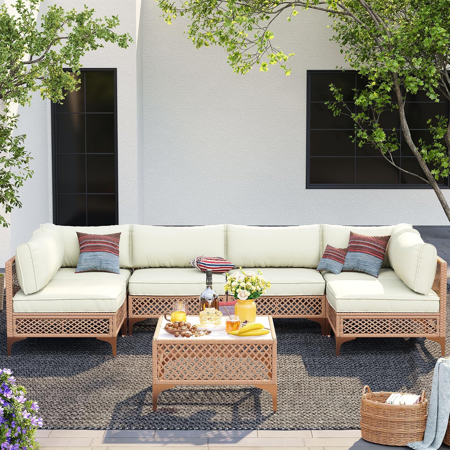 Outdoor Patio Furniture Set, Wicker Outdoor Sectional Set, Boho Patio Conversation Sectional Sofa with Large Tempered Glass Coffee Table and Waterproof Cushion (Large Size 7-Piece Patio Furniture)