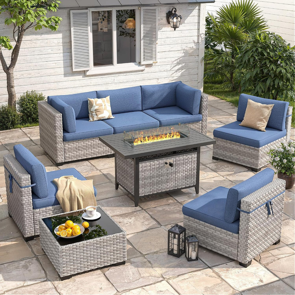 6-Seat Modern Outdoor Wicker Rattan Patio Furniture Set with 55,000 BTU Fire Pit Table, Thick 4″ Cushions, All-Weather Dual-Strand Rattan, Rust-Resistant Steel Frame,Navy