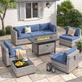 6-Seat Modern Outdoor Wicker Rattan Patio Furniture Set with 55,000 BTU Fire Pit Table, Thick 4″ Cushions, All-Weather Dual-Strand Rattan, Rust-Resistant Steel Frame,Navy