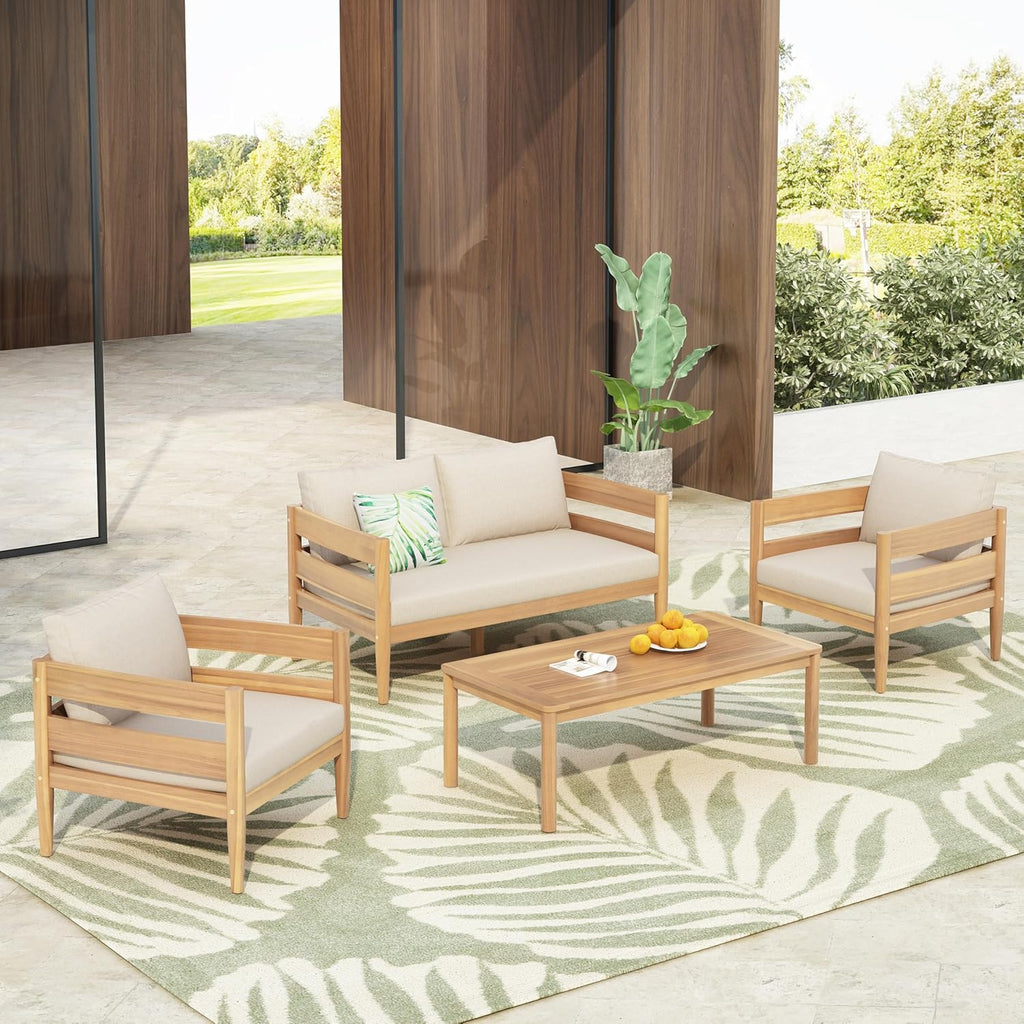 Christopher Knight Home Kory 4-Piece Acacia Wood Patio Furniture Set, Outdoor Conversation Sofa Chat Set with Club Chair and Coffee Table, Patio 4-Seater Seating Group for Backyard Balcony, Teak+Beige