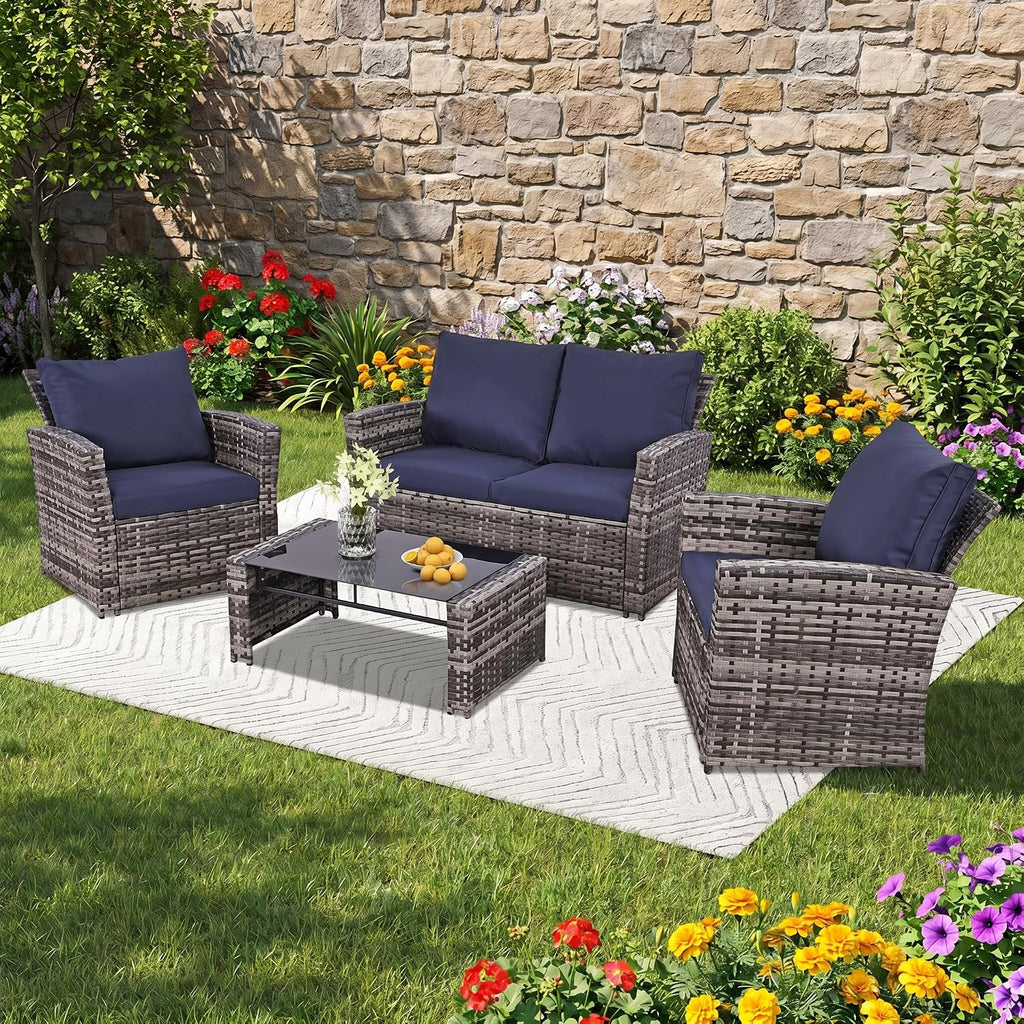 FHFO 4 Piece Patio Furniture Set, Wicker Outdoor Conversation Furniture Set, All Weather Patio Sofa Couch with Cushion & Glass Table, Grey/Blue