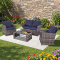 FHFO 4 Piece Patio Furniture Set, Wicker Outdoor Conversation Furniture Set, All Weather Patio Sofa Couch with Cushion & Glass Table, Grey/Blue