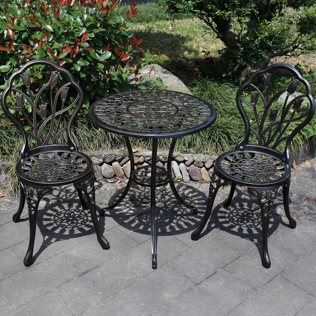YKSY&YKSY Patio Bistro Set.Rust-Resistant Cast Aluminum Bistro Table Set with Umbrella Hole for Backyard (Tulip Copper)