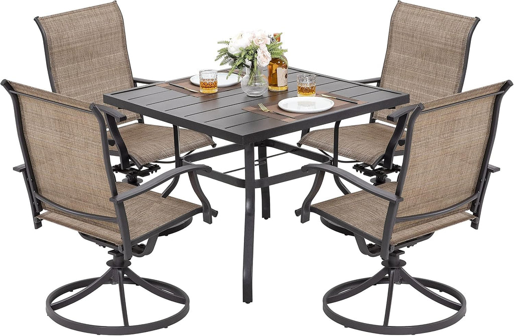 NUU GARDEN Outdoor Patio Dining Set, 4 Swivel Textilene Dining Chairs and 37' Square Dining Table with 1.57'' Umbrella Hole, Powder Coated Iron Frame, for Patio, Garden, Backyard, Black and Brown