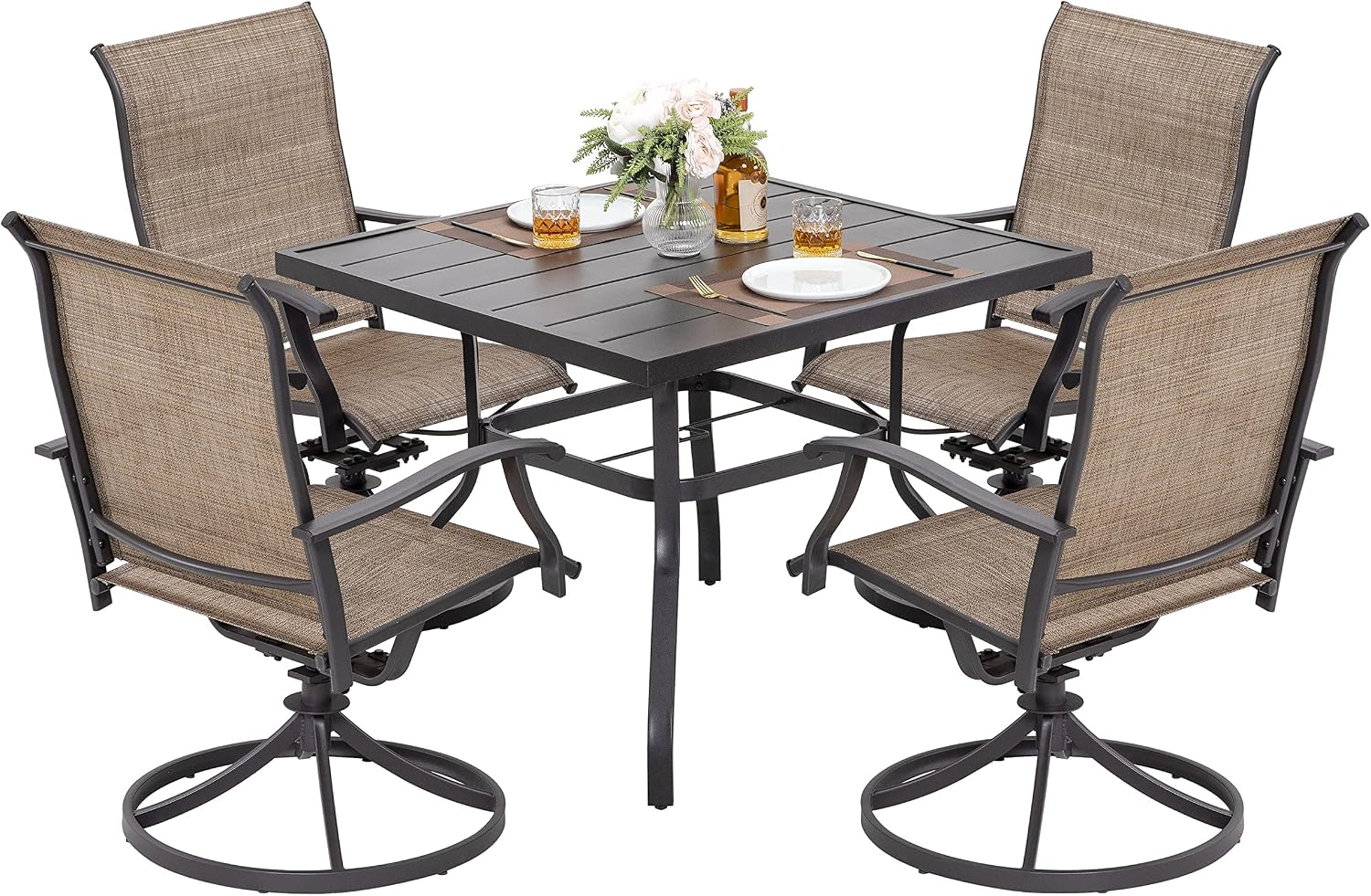 NUU GARDEN Outdoor Patio Dining Set, 4 Swivel Textilene Dining Chairs and 37' Square Dining Table with 1.57'' Umbrella Hole, Powder Coated Iron Frame, for Patio, Garden, Backyard, Black and Brown