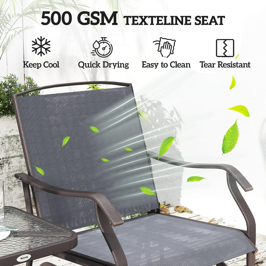 Outsunny 3 Piece Outdoor Glider Chair with Coffee Table Bistro Set, 2 Patio Rocking Swing Chairs with Breathable Sling Fabric, Glass Tabletop, for Backyard, Garden and Porch, Gray