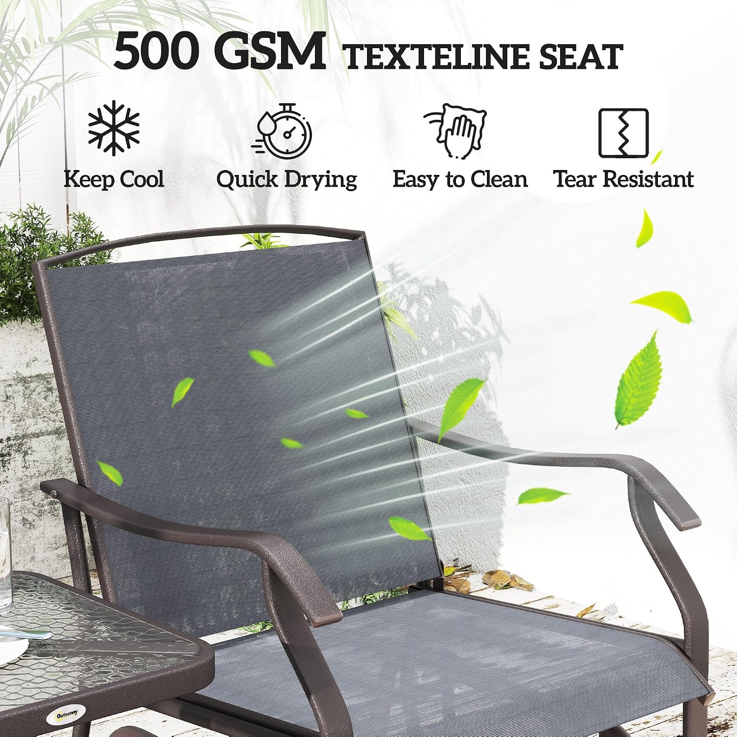 Outsunny 3 Piece Outdoor Glider Chair with Coffee Table Bistro Set, 2 Patio Rocking Swing Chairs with Breathable Sling Fabric, Glass Tabletop, for Backyard, Garden and Porch, Gray