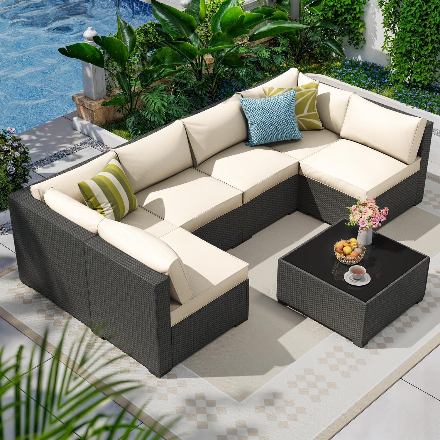 olimix 7 Piece Outdoor Patio Furniture Set, Outdoor Sectional Furniture, Rattan & Wicker Modern Modular Conversation Set Sofa Couch W/Water Resistant Washable Thick Cushions, Coffee/Beige