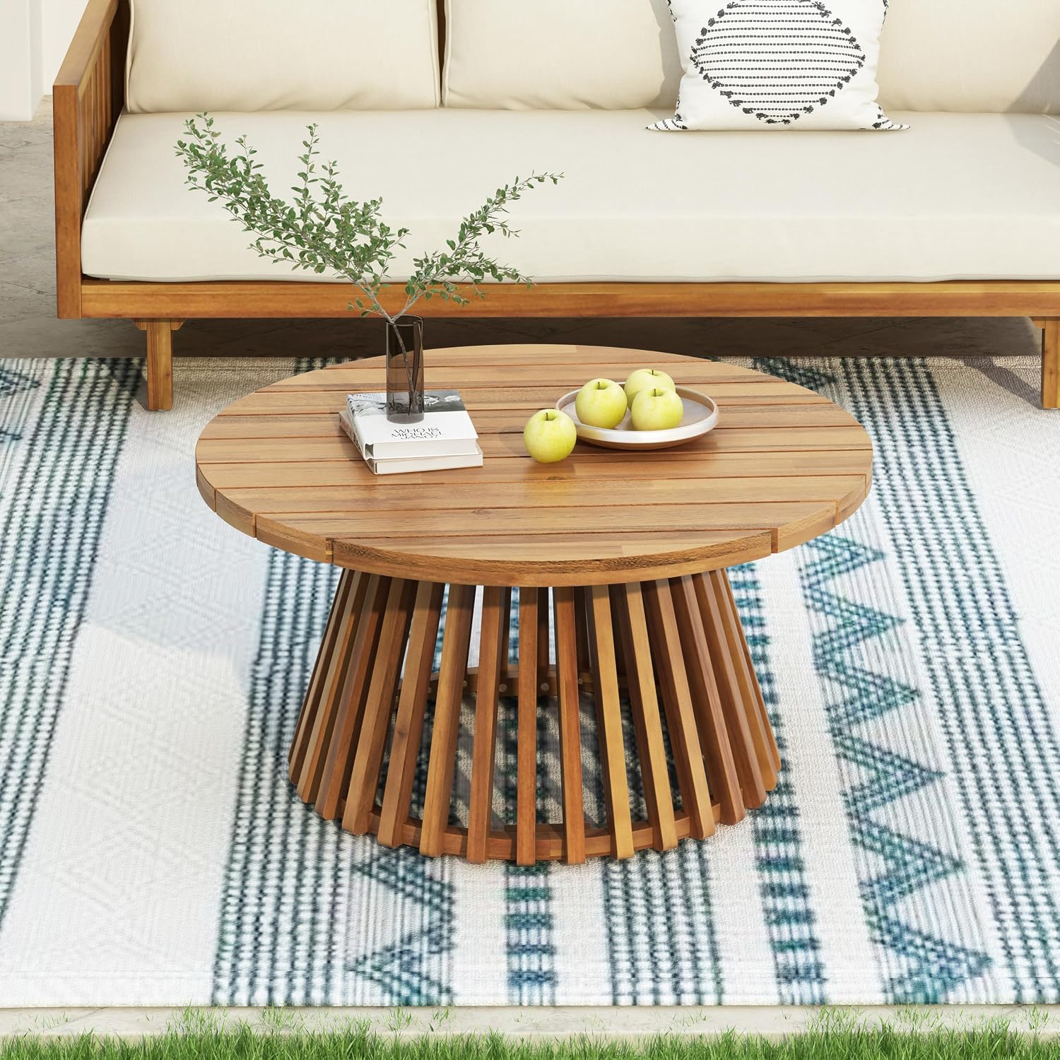 Christopher Knight Home Claremont Patio Sofa and Coffee Table Set, 2 Piece Outdoor Patio Furniture Set with Cushion, Acacia Wood 3 Seater Outdoor Sofa Daybed and Coffee Table Set, Teak+Light Green