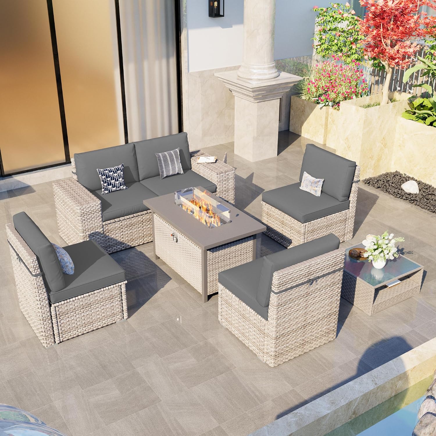 7-Piece Patio Furniture Set, Outdoor Patio Conversation Set with 60,000 BTU Fire Pit Table, PE Rattan Wicker Sectional Sofa with Large Capacity Seats, Widened Armrests, Extra High Backrest, Grey