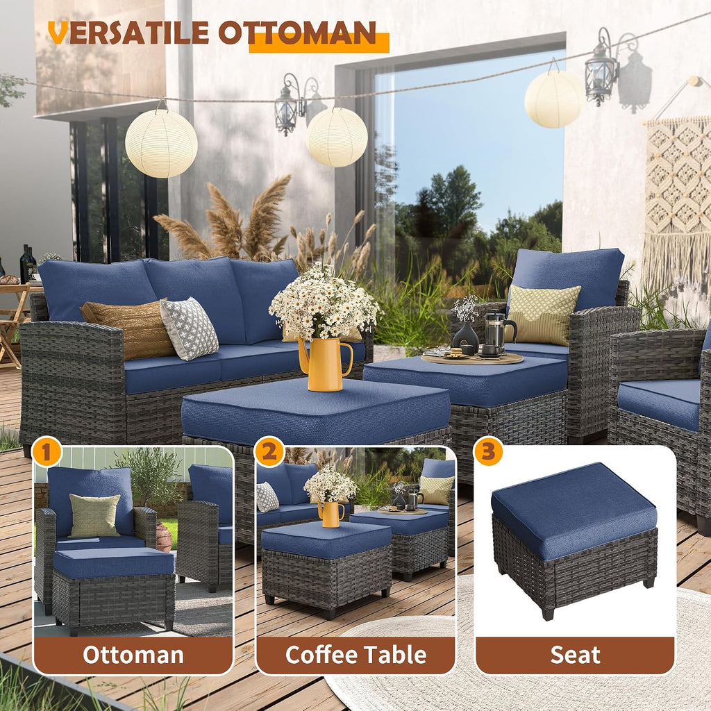 UDPATIO Patio Furniture Set, 5 Pieces Outdoor Sectional Sofa Set, All-Weather Wicker Rattan High Back Outdoor Conversation Set with Ottoman for Poolside, Backyard, Grey Wicker Navy Blue Cushion
