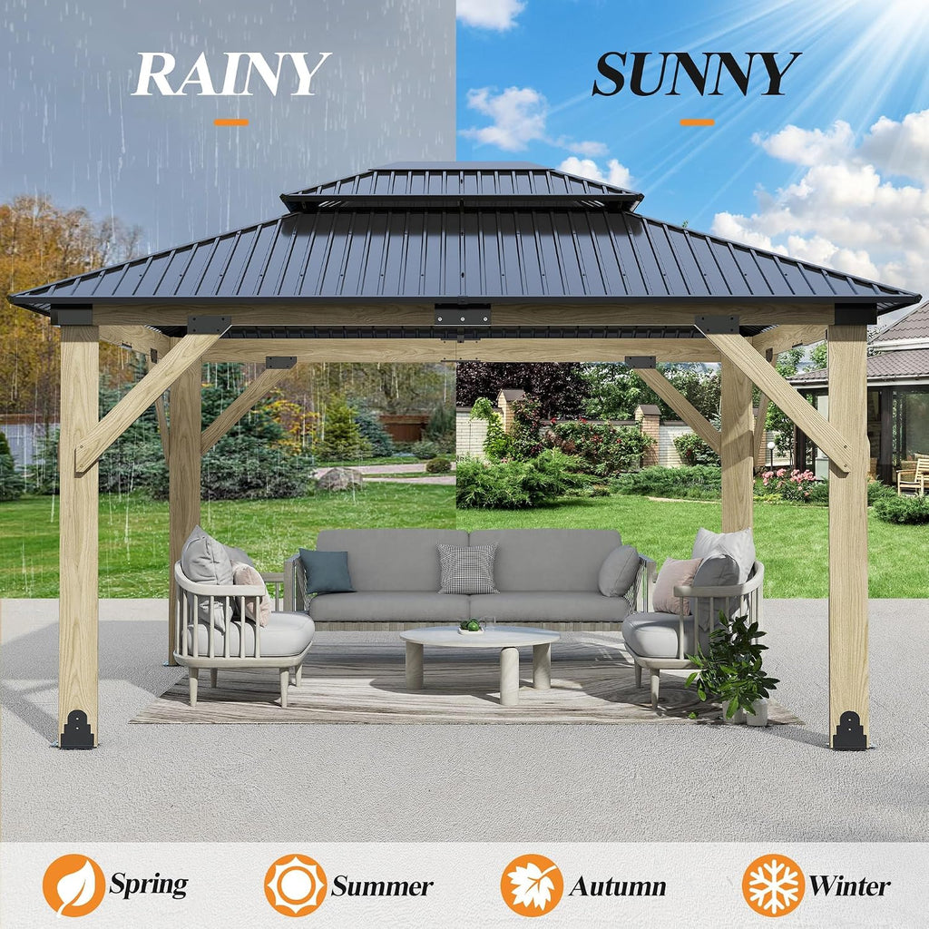 GARTOO 11'x13' Outdoor Wooden Gazebo - Patio Galvanized Steel Gazebo with Double Vented Roof, Heavy-Duty Wooden Gazebos for Garden, Lawn, Poolside, Backyard Deck