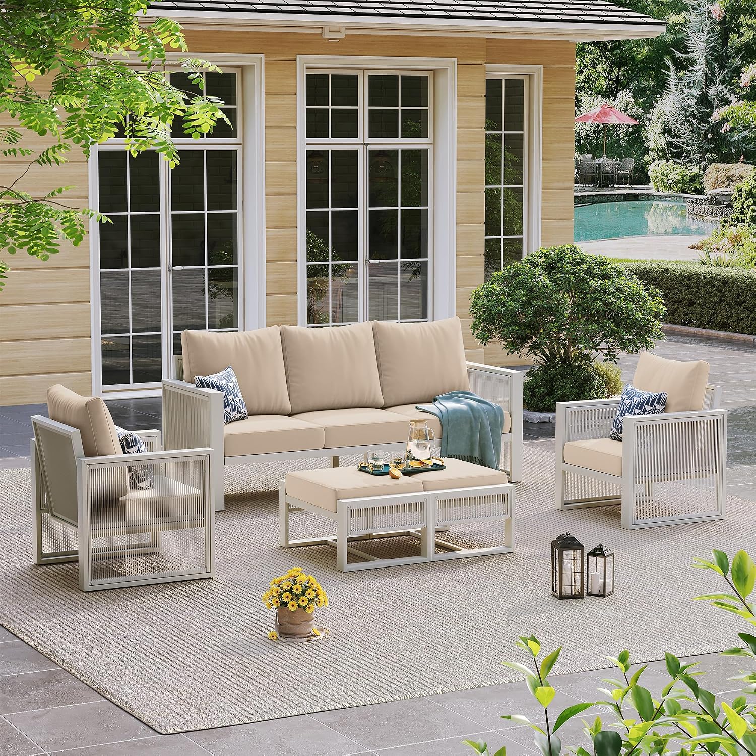 Amopatio Aluminum Patio Furniture Set with Ottoman, 5 Piece Modern Aluminum Outdoor Furniture, with 5' Beige Thickend Cushions, for Garden, Porch, Balcony, Light Grey Frame