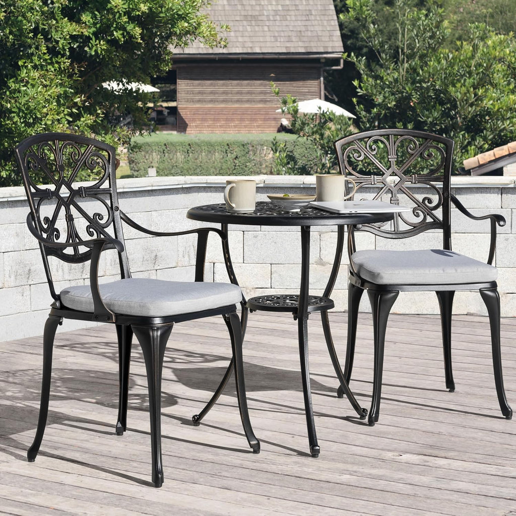 NUU GARDEN Bistro Set 3 Piece Outdoor All Weather Cast Aluminum Patio Bistro Set Patio Table and Chairs Set of 2 with Umbrella Hole and Grey Cushions for Backyard, Balcony, Lawn, Black