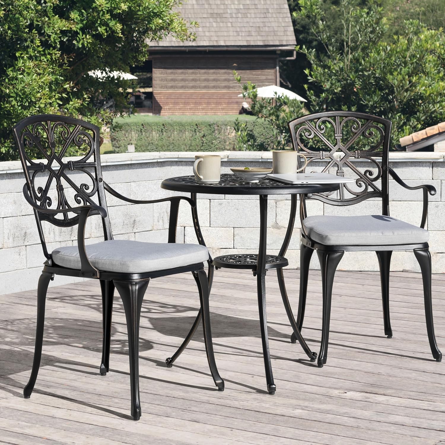 NUU GARDEN Bistro Set 3 Piece Outdoor All Weather Cast Aluminum Patio Bistro Set Patio Table and Chairs Set of 2 with Umbrella Hole and Grey Cushions for Backyard, Balcony, Lawn, Black
