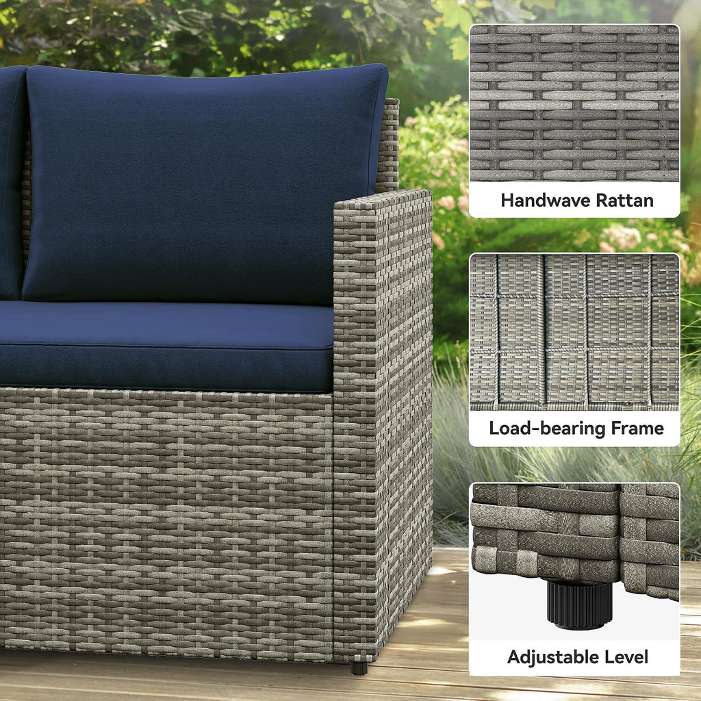 YITAHOME 6-Piece Outdoor Sectional Sofa Set, All-Weather Wicker Patio Conversation Furniture with Lift-Top Dining Table & Ottoman, Navy Blue