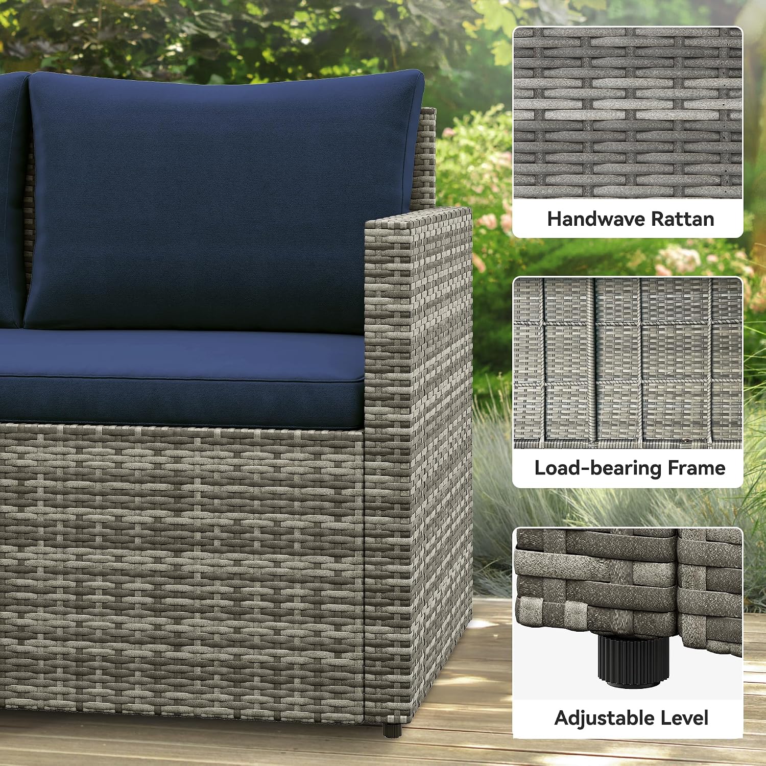 YITAHOME 6-Piece Outdoor Sectional Sofa Set, All-Weather Wicker Patio Conversation Furniture with Lift-Top Dining Table & Ottoman, Navy Blue