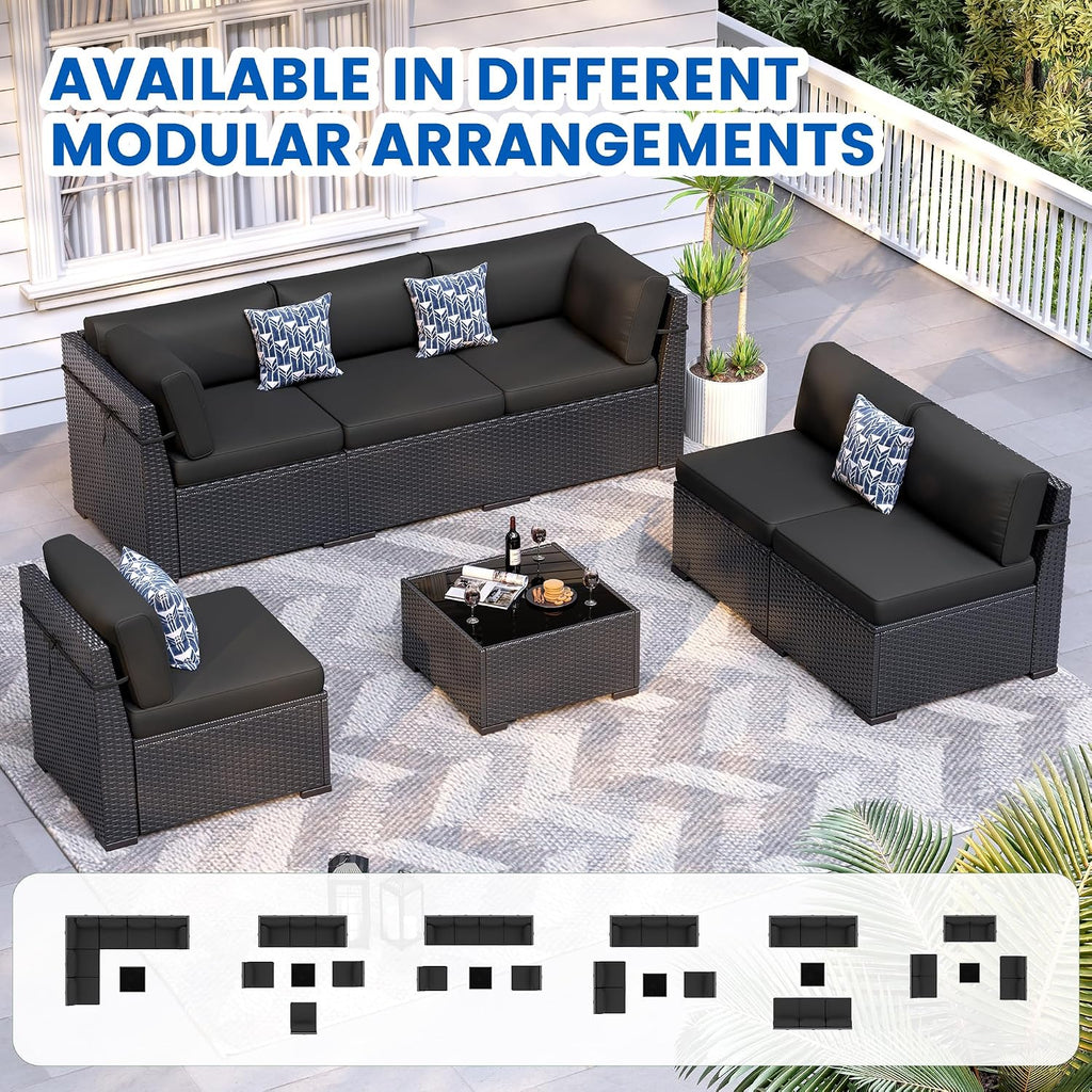 Patio Furniture Sets, 7-Piece Outdoor Patio Furniture with Thick Cushions,Coffee Table Outdoor All-Weather Conversation Set Sectional Sofa for Backyard, Poolside, Garden(Black)