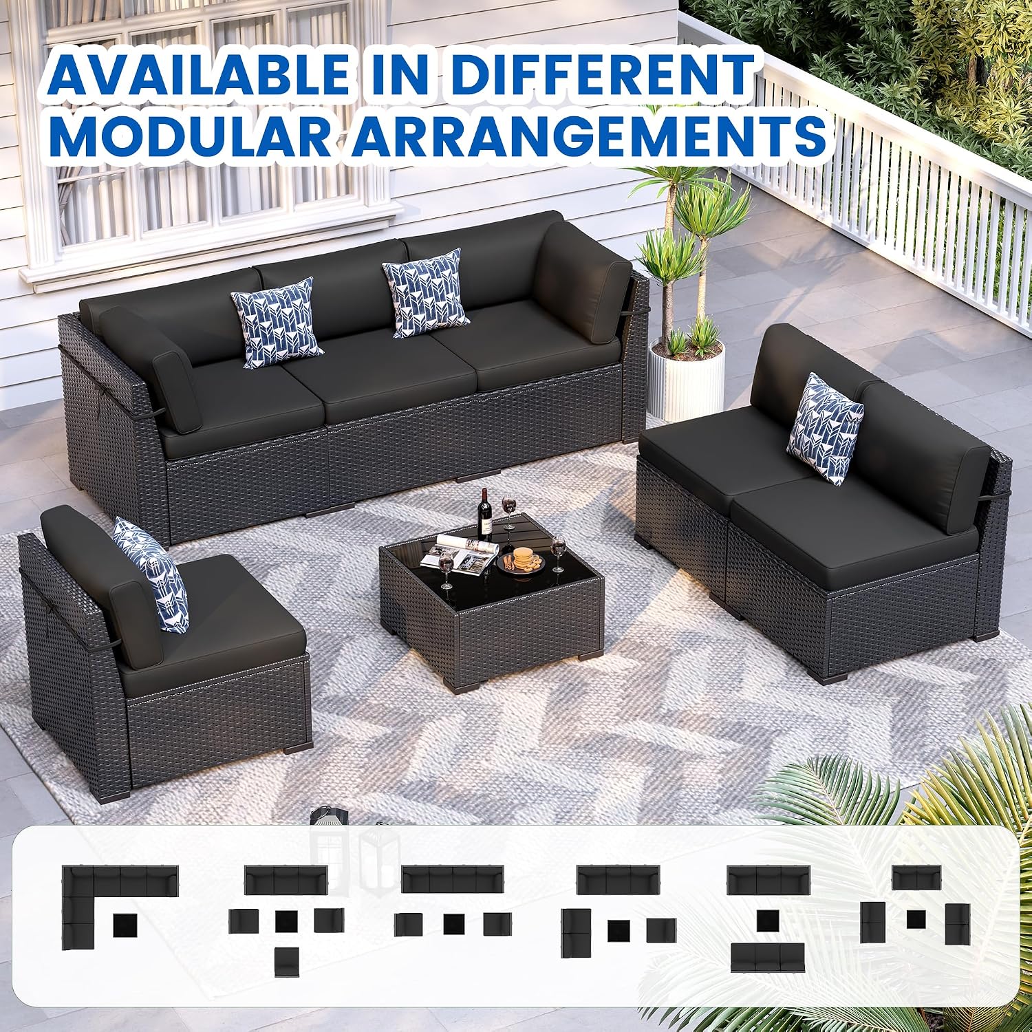 Patio Furniture Sets, 7-Piece Outdoor Patio Furniture with Thick Cushions,Coffee Table Outdoor All-Weather Conversation Set Sectional Sofa for Backyard, Poolside, Garden(Black)