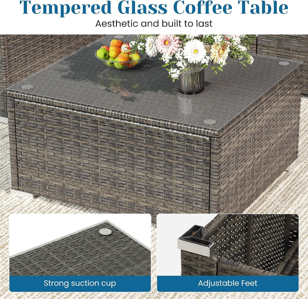 Green4ever 5-Piece Outdoor Patio Furniture Set, All-Weather Wicker Rattan Sectional Sofa with Cushions and Glass Coffee Table, Patio Conversation Set for Backyard, Porch, Garden, Balcony, Beige