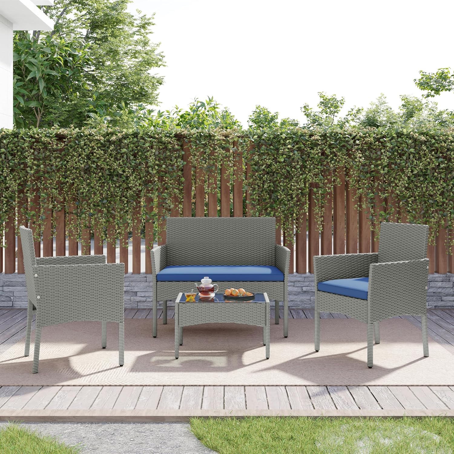 Yaheetech Patio Furniture Set 4 Pieces Conversation Sets, Rattan Chair Wicker Set Loveseat with Soft Cushion and Glass Table for Backyard Porch Garden Poolside Balcony, Gray and Dark Blue