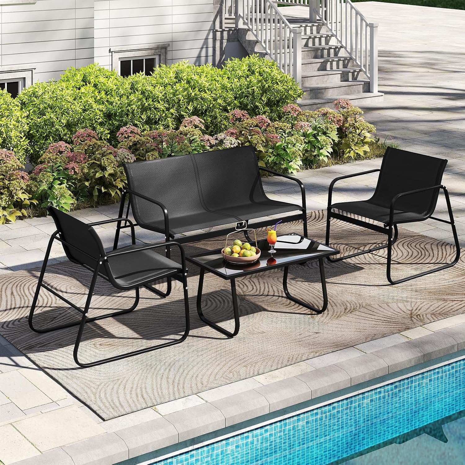 Tangkula 8 Piece Patio Furniture Set, Outdoor Metal Conversation Chair & Coffee Table Set with Mesh Seat Fabric & Tempered Glass Tabletop, Outside Bistro Set for Backyard, Porch, Poolside (Black)