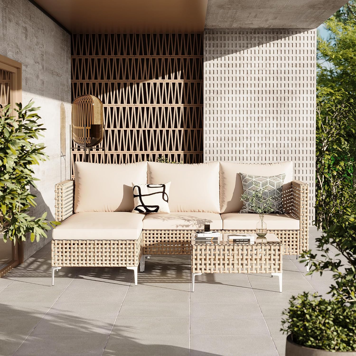 Patio Furniture Set, Small Outdoor Couch with Glass Coffee Table&Thick Cushion, Wicker L-Shaped Patio Couch, All-Weather PE Rattan Conversation Set for Garden, Poolside(3pcs Yellow&Beige)