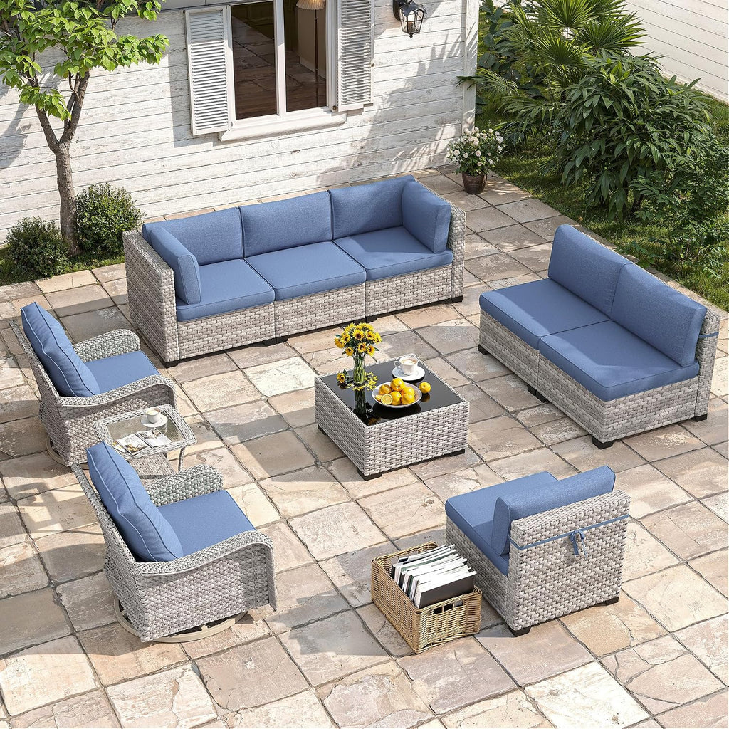8-Seat Modern Patio Furniture Set with Swivel Rocking Chairs, Thick 4″ Cushions, Dual-Strand Wicker Rattan, Rust-Resistant Steel Frame – Outdoor Conversation & Modular Sectional,Navy