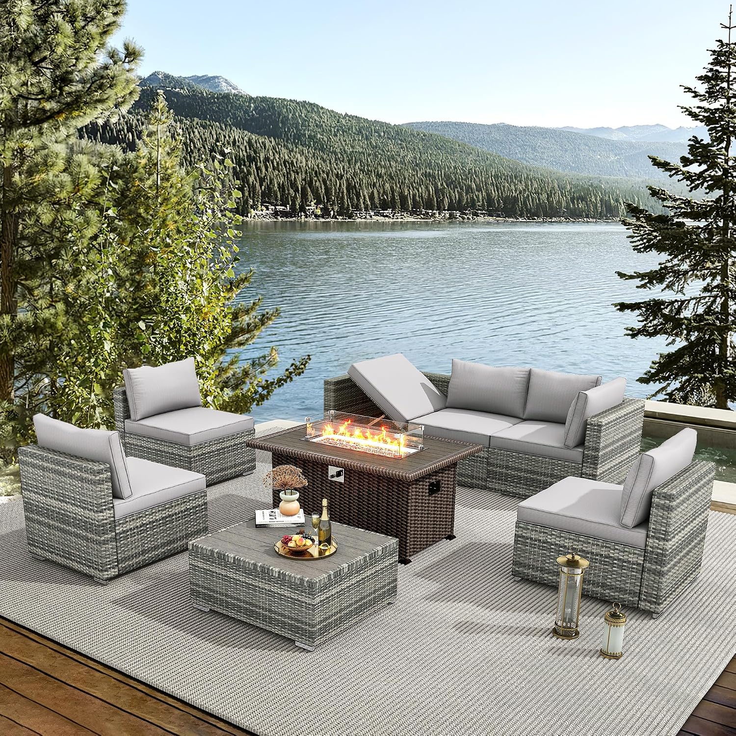 HOMREST 8 Pieces Outdoor Patio Furniture Set with 44' Propane Fire Pit Table, PE Rattan Sectional Sofa Conversation Set w/Adjustable Bracket,Wood Coffee Table for Backyard (Grey)