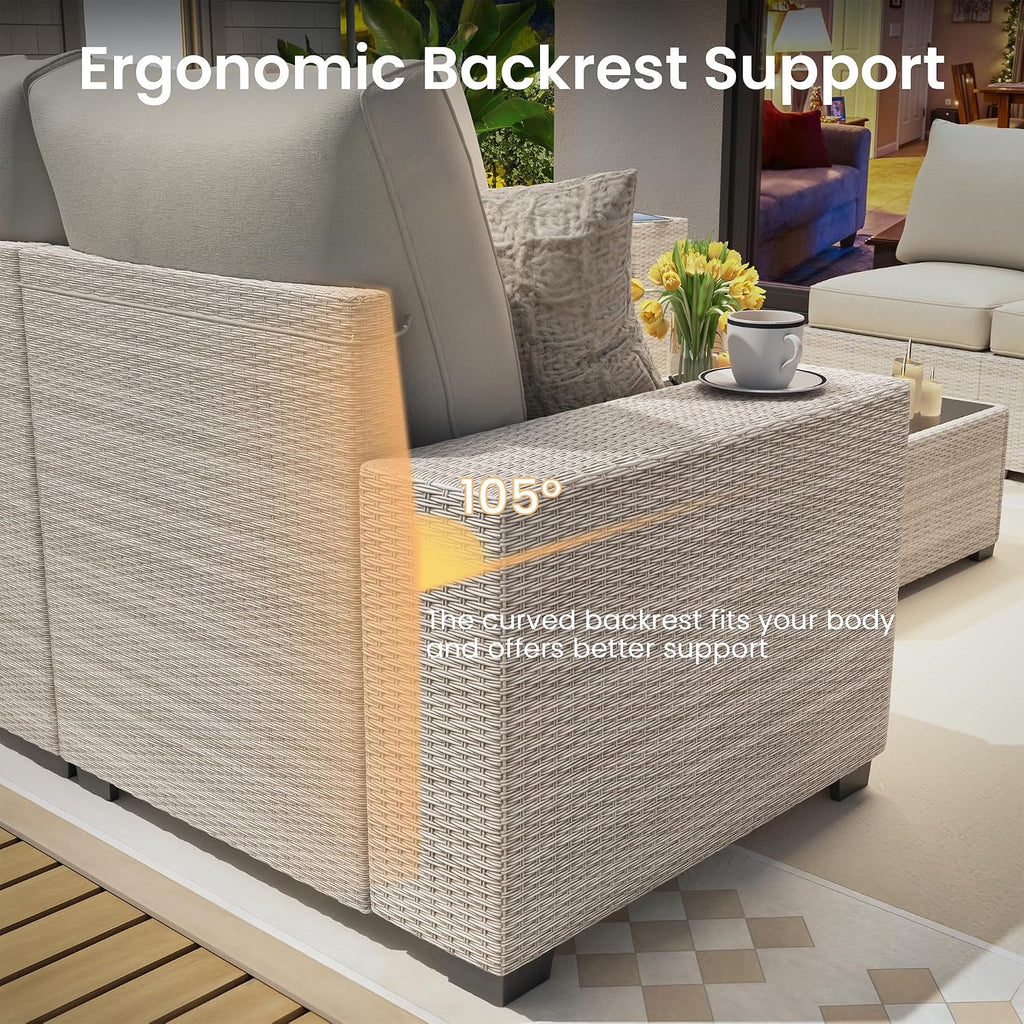 8 Piece Outdoor Patio Furniture Set, Outdoor Sectional Furniture, Rattan & Wicker Modern Modular Conversation Set Sofa Couch W/Water Resistant Washable Thick Cushions and Coffee Table, Coffee/Blue