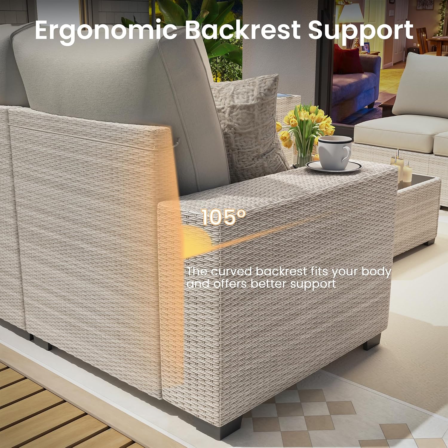 9 Piece Outdoor Patio Furniture Set with 43'' Fire Pit Table, Outdoor Sectional Furniture, Rattan & Wicker Modern Modular Conversation Set Sofa Couch W/Water Resistant Washable Thick Cushions, Beige