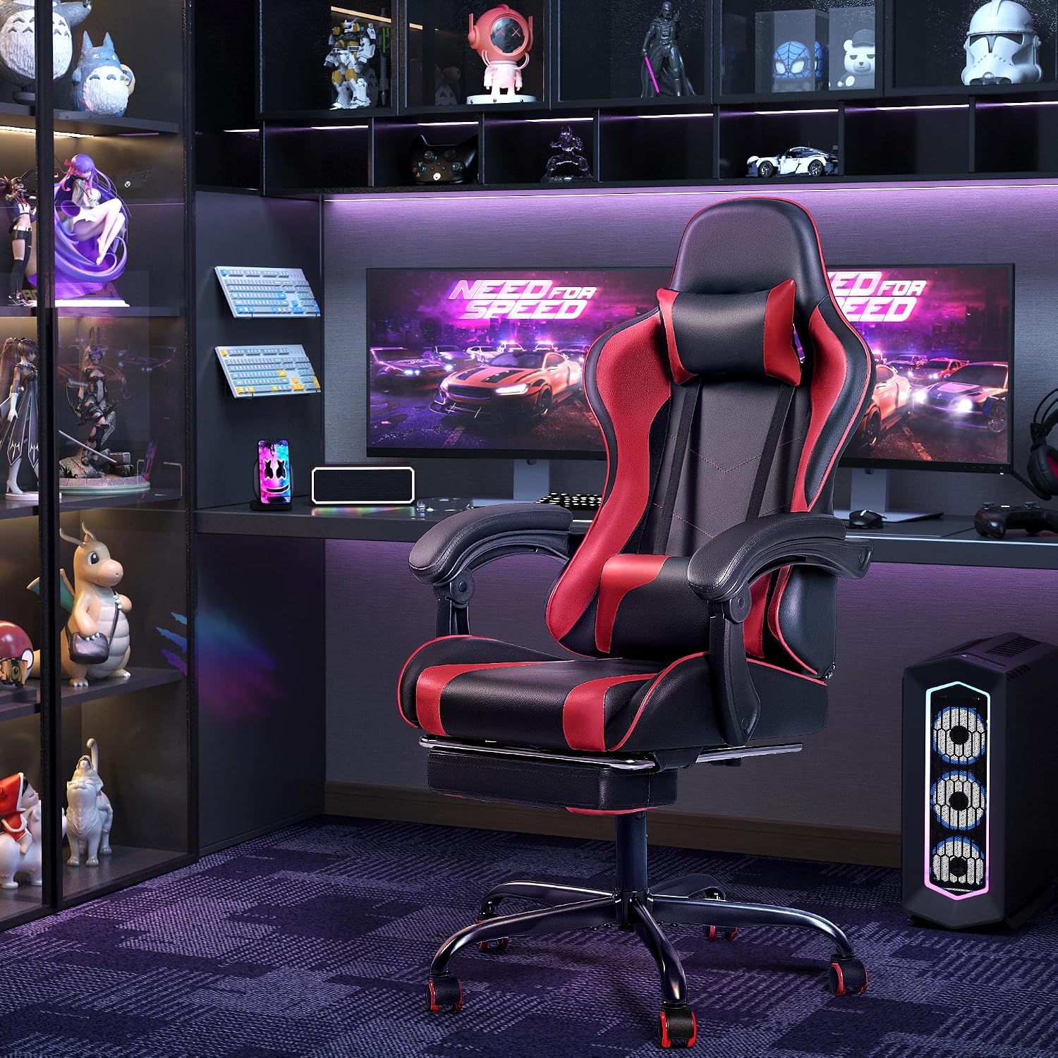 Furmax Gaming Chair, Video Game Chair with Footrest and Massage Lumbar Support, Swivel Seat Height Adjustable Computer Chair with Headrest, Racing E-Sport Gamer Chair (Red)