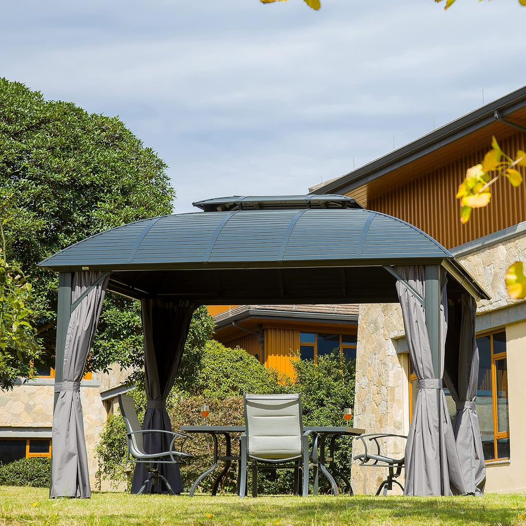 Domi Outdoor Gazebo 10'x12', Permanent Hardtop Gazebo with Aluminum Frame for Patios Deck Backyard, Galvanized Steel Double Roof, Curtains and Netting for Lawns, Garden, Poolside