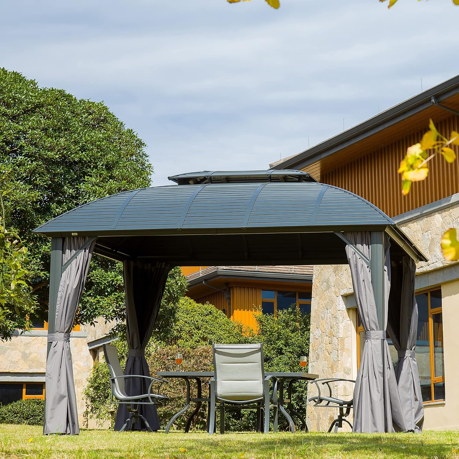 Domi Outdoor Gazebo 10'x12', Permanent Hardtop Gazebo with Aluminum Frame for Patios Deck Backyard, Galvanized Steel Double Roof, Curtains and Netting for Lawns, Garden, Poolside