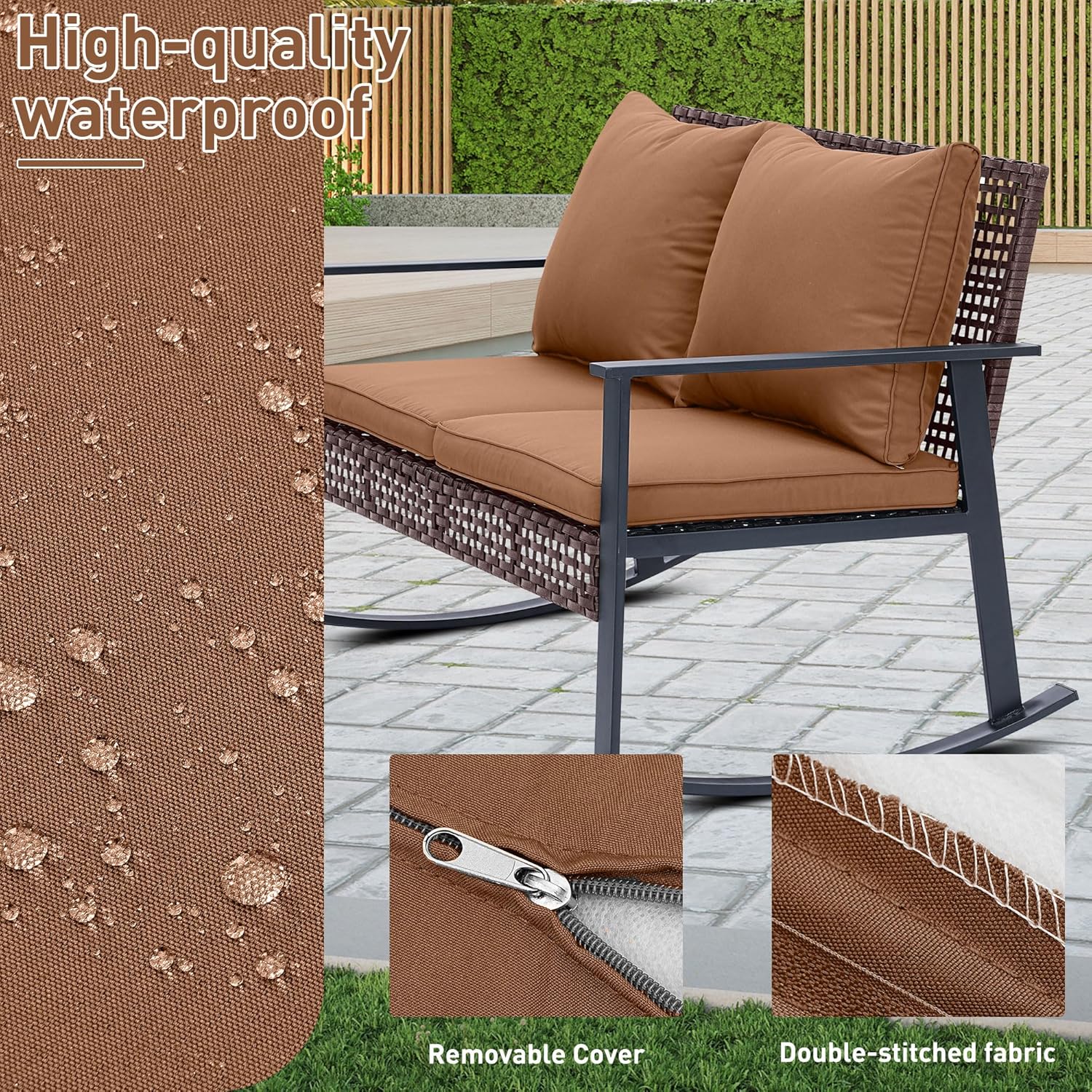 Ainfox Patio Furniture Set 4 Pieces, Patio Wicker Rattan Swivel Rocker, Outdoor Swivel Rocking Chairs Set with Loveseat, Garden Conversation Bistro Sets for Porch, Pool, Backyard Brown
