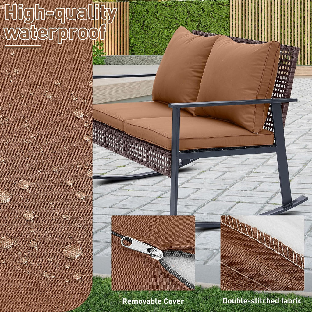 Ainfox Outdoor Wicker Loveseat Rocking Chair, Patio Rattan Rocker Chair with Cushions，All-Weather Modern Cozy Rocking Wicker Furniture for Garden Balcony Porch, Brown