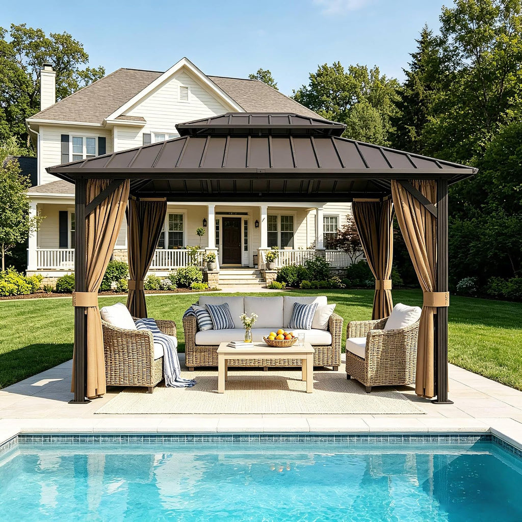 10'x12' Hardtop Gazebo Outdoor Aluminum Patio Gazebo Double Roof Galvanized Steel Canopy with Netting and Curtains for Garden, Backyard,Deck and Lawns