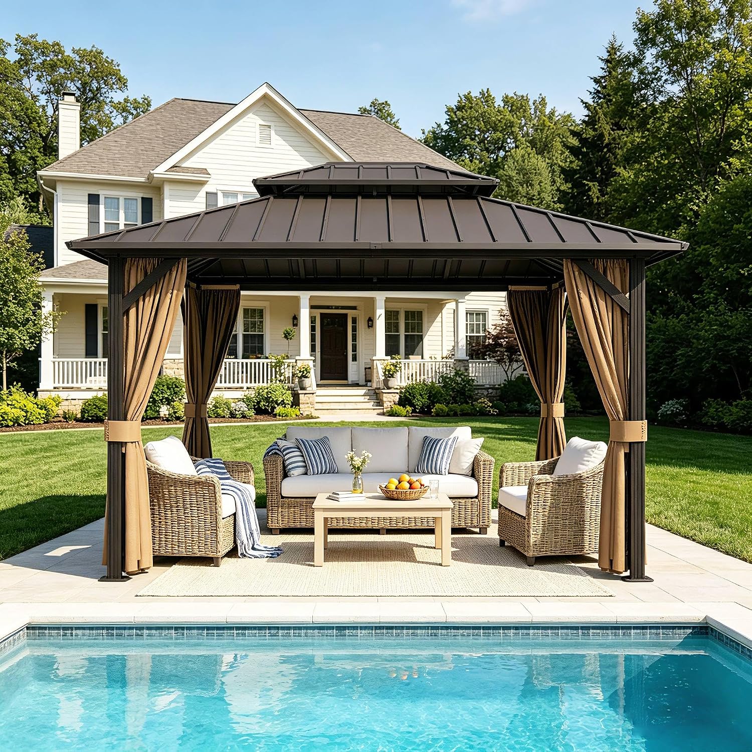10'x12' Hardtop Gazebo Outdoor Aluminum Patio Gazebo Double Roof Galvanized Steel Canopy with Netting and Curtains for Garden, Backyard,Deck and Lawns