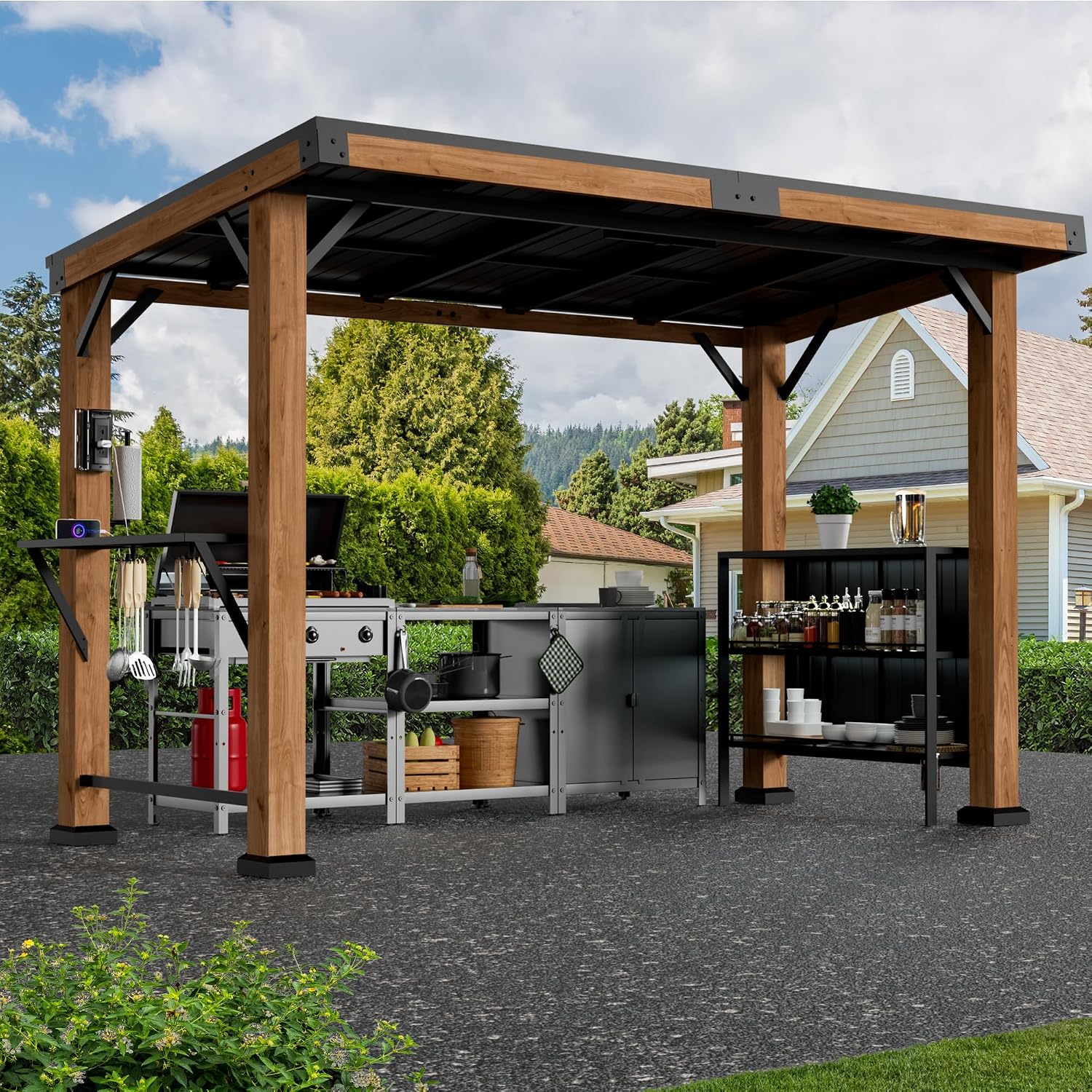 Modern Shade Woodberry Grill Gazebo 6' X 12', Cedar Wood Gazebo with Dual bar Tops & Shelves, Patio Bar with Galvanized Steel Roof, Outdoor Pavilion with USB and USB-C Charging Ports for Backyard