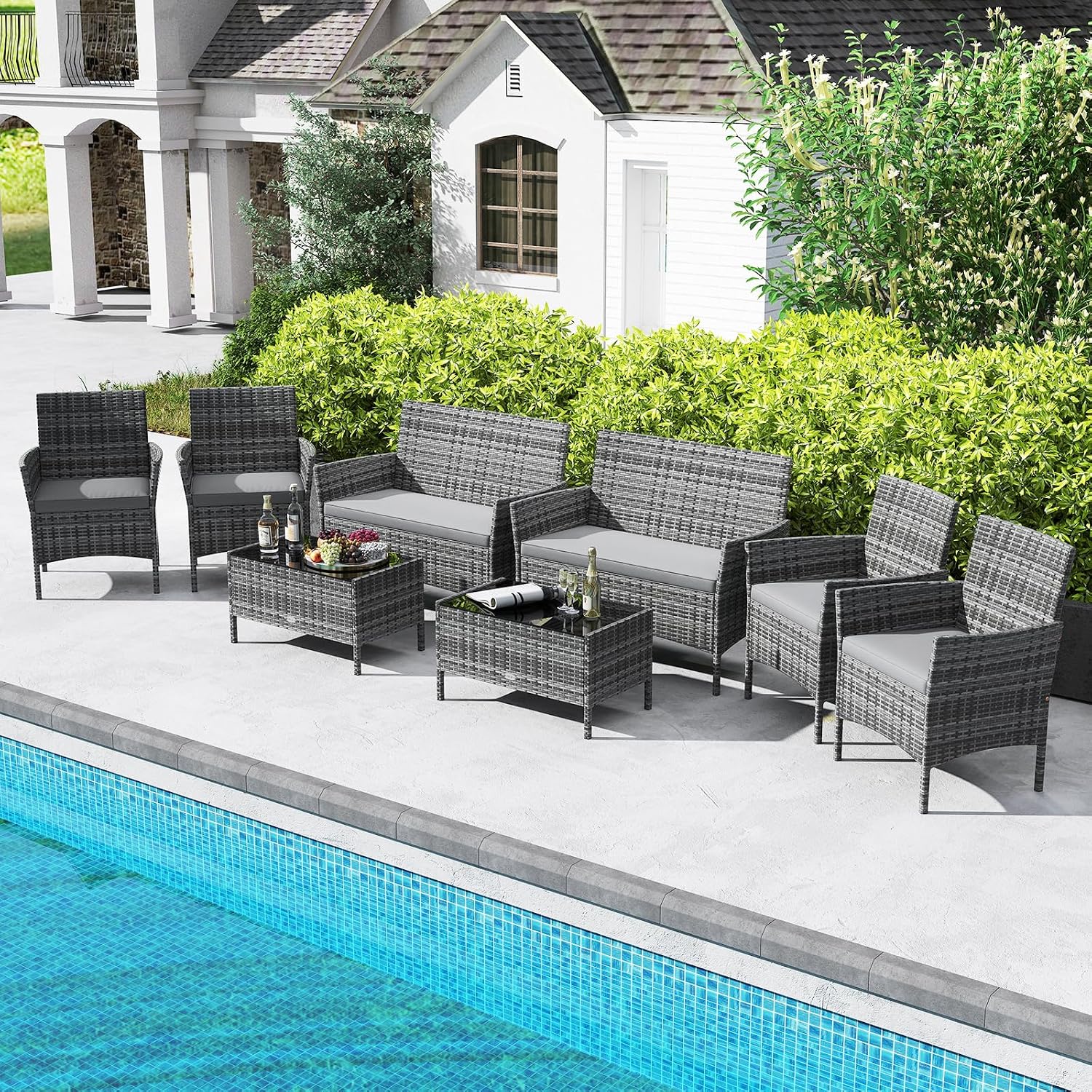RELAX4LIFE 8-Piece Patio Furniture Set - Rattan Outdoor Conversation Bistro Set w/Cushions, Glass Coffee Table, Wicker Chairs & Loveseat for Garden Backyard Porch, Balcony Furniture Set (2, Mix Grey)